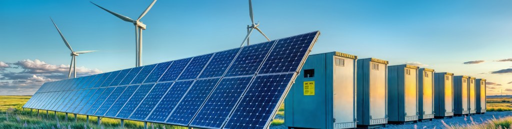 Rows of solar panels, wind turbines, and battery storage units on a grassy field under a clear blue sky, featuring advanced power inductors and high frequency transformers for efficient renewable energy and sustainable power storage. by Standex Edge