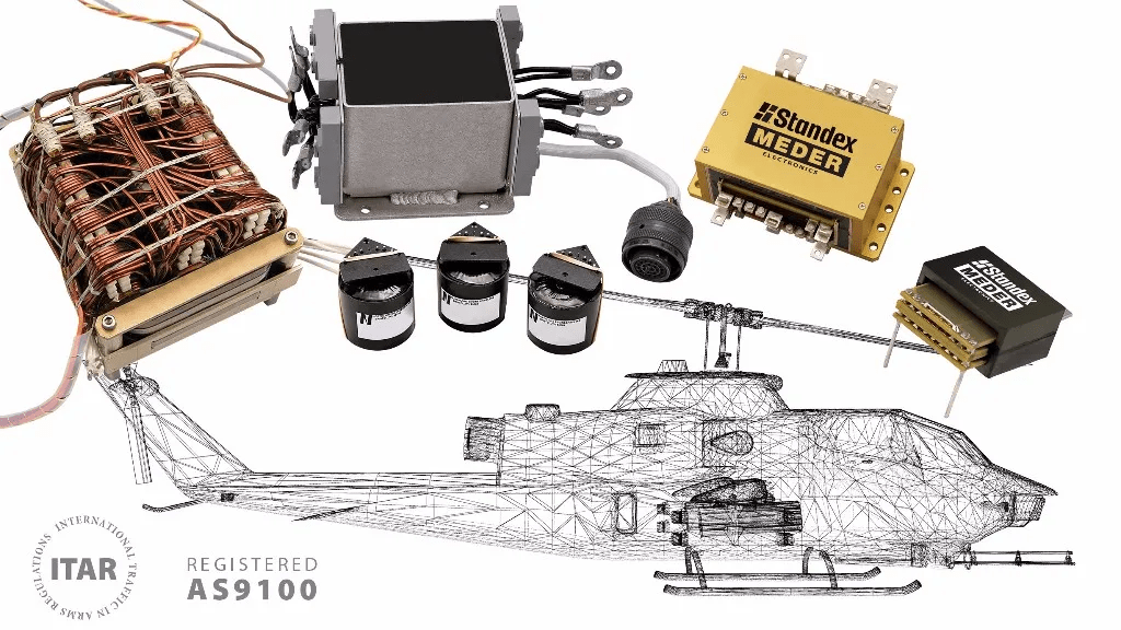 A wireframe drawing of a helicopter is overlaid with electronic components, including power magnetics and high frequency transformers from Standex Edge. An ITAR Registered AS9100 mark appears in the bottom left corner. by Standex Edge