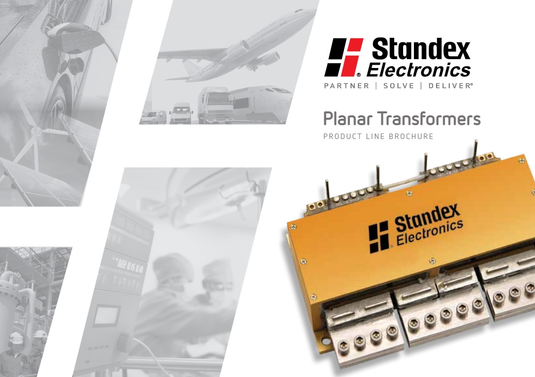 A brochure cover for Standex Electronics featuring a planar transformer and grayscale images of an airplane, factory workers, and industrial equipment in the background, highlighting their Standex Edge in power inductor and high frequency transformer solutions. by Standex Edge