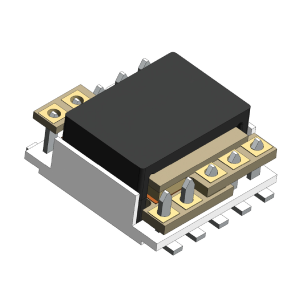 3D rendering of a high frequency transformer, possibly a surface-mount component, with a black rectangular body, metal pins, and a few exposed copper traces showcasing advanced power magnetics technology. by Standex Edge