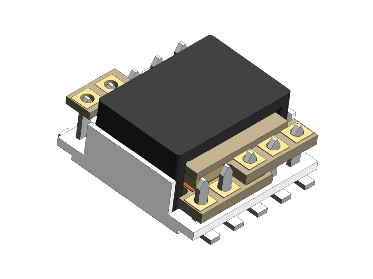 3D rendering of a planar transformer with a black rectangular top, metallic pins on the sides, and gold-colored connectors on a white base, resembling a high frequency transformer or power magnetics component. by Standex Edge