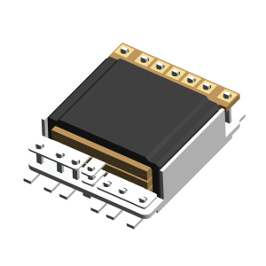 3D rendering of a black and gold integrated circuit chip featuring Standex Edge power magnetics with metallic connectors and pins, viewed from an angle on a white background. by Standex Edge
