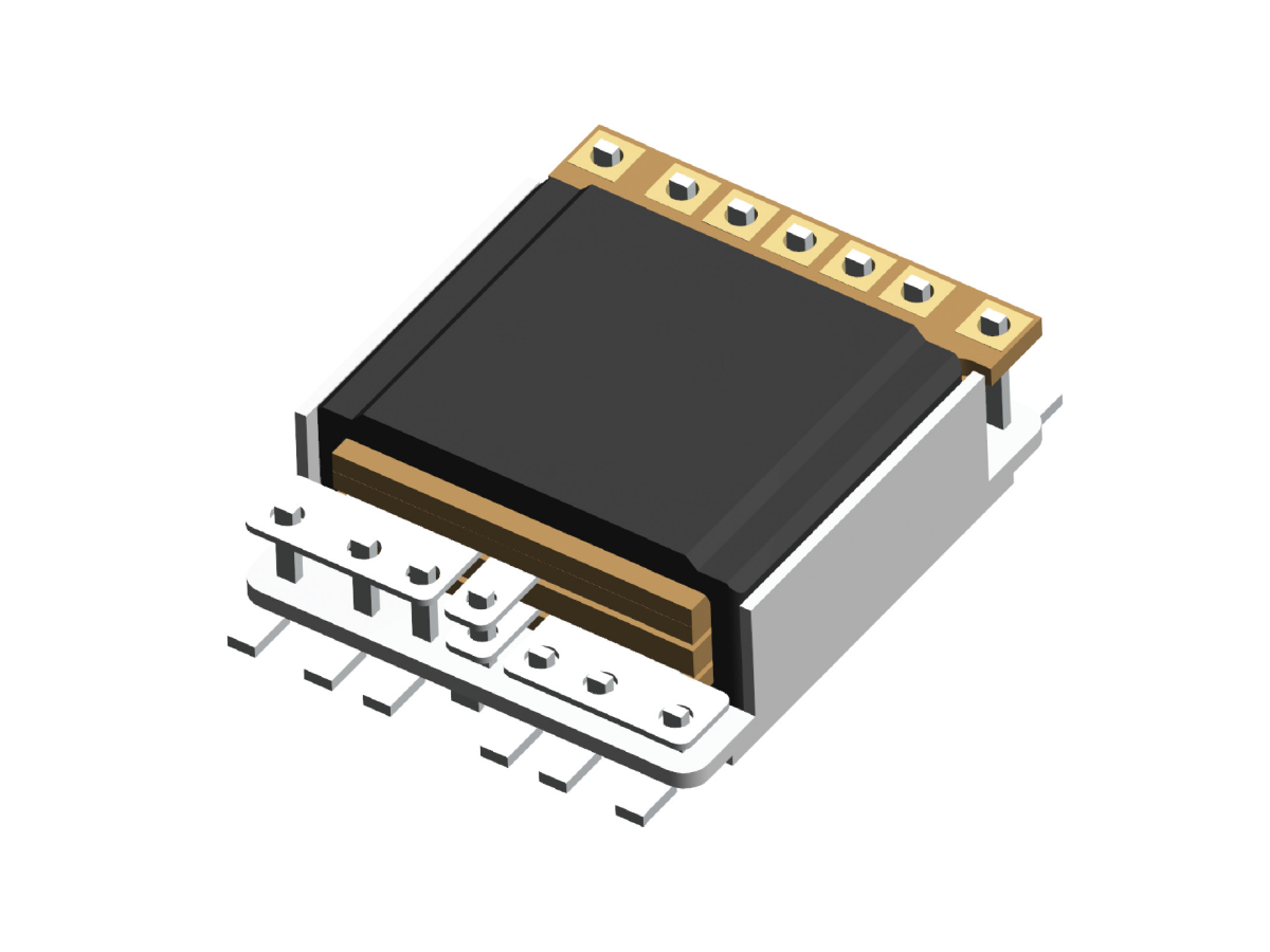 3D rendering of a high frequency transformer featuring a black rectangular core, gold connectors on top, and silver pins on the sides, isolated on a white background. by Standex Edge