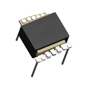 A black integrated circuit chip with eight metal pins, four on each side, and a rectangular body is shown from an elevated view on a white background, alongside a compact Standex Edge power inductor for efficient power magnetics applications. by Standex Edge