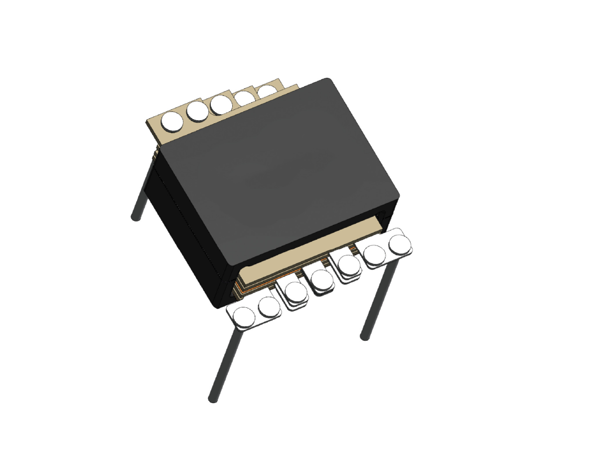 A black integrated circuit chip with four metal leads extending from each side, shown angled slightly above on a white background—ideal for use in power magnetics applications such as Standex Edge power inductor solutions. by Standex Edge