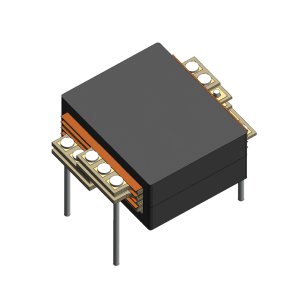 A 3D rendering of a planar transformer, featuring a rectangular black casing, visible copper windings, four metal pins, and multiple solder pads extending from the sides—ideal for high frequency power magnetics applications. by Standex Edge