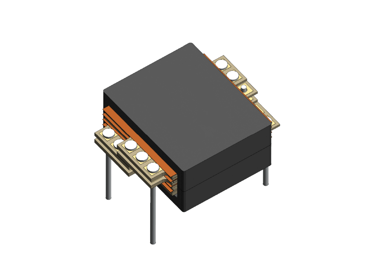 A 3D-rendered image of a planar transformer with a black rectangular body, orange inner layers, metallic connection pins at the bottom, and terminals on each side. by Standex Edge