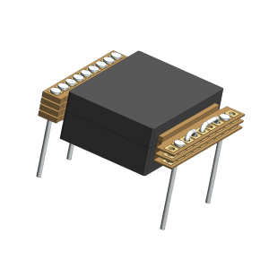 A 3D rendering of a black integrated circuit chip with metal legs and stacked gold connectors on two sides, featuring power magnetics components, isolated on a white background. by Standex Edge