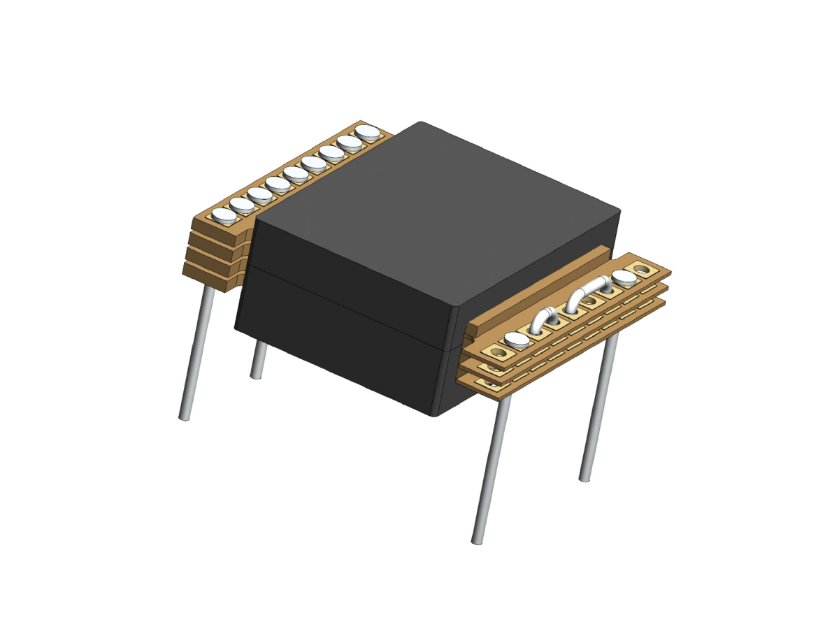 A black rectangular electronic component with four metal legs and two brown circuit board attachments on opposite sides, each featuring white screws and wiring—ideal for applications requiring a planar transformer or power inductor. by Standex Edge