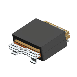 A 3D-rendered image of a black rectangular electronic connector with metallic pins and internal gold contacts, partially exposing its structure, features elements related to power magnetics and Standex Edge technology. by Standex Edge