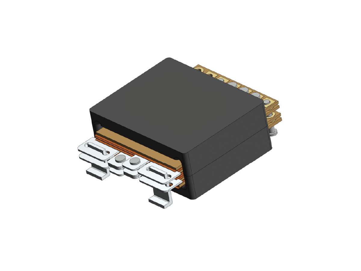 A 3D-rendered image of a high frequency transformer with a black rectangular casing, exposed metal pins, and gold connector contacts, positioned on a white background. by Standex Edge