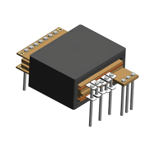 A 3D rendering of an electronic component with a rectangular black body, orange and brown layers, and multiple metal pins on each side, depicting a high frequency transformer against a white background. by Standex Edge