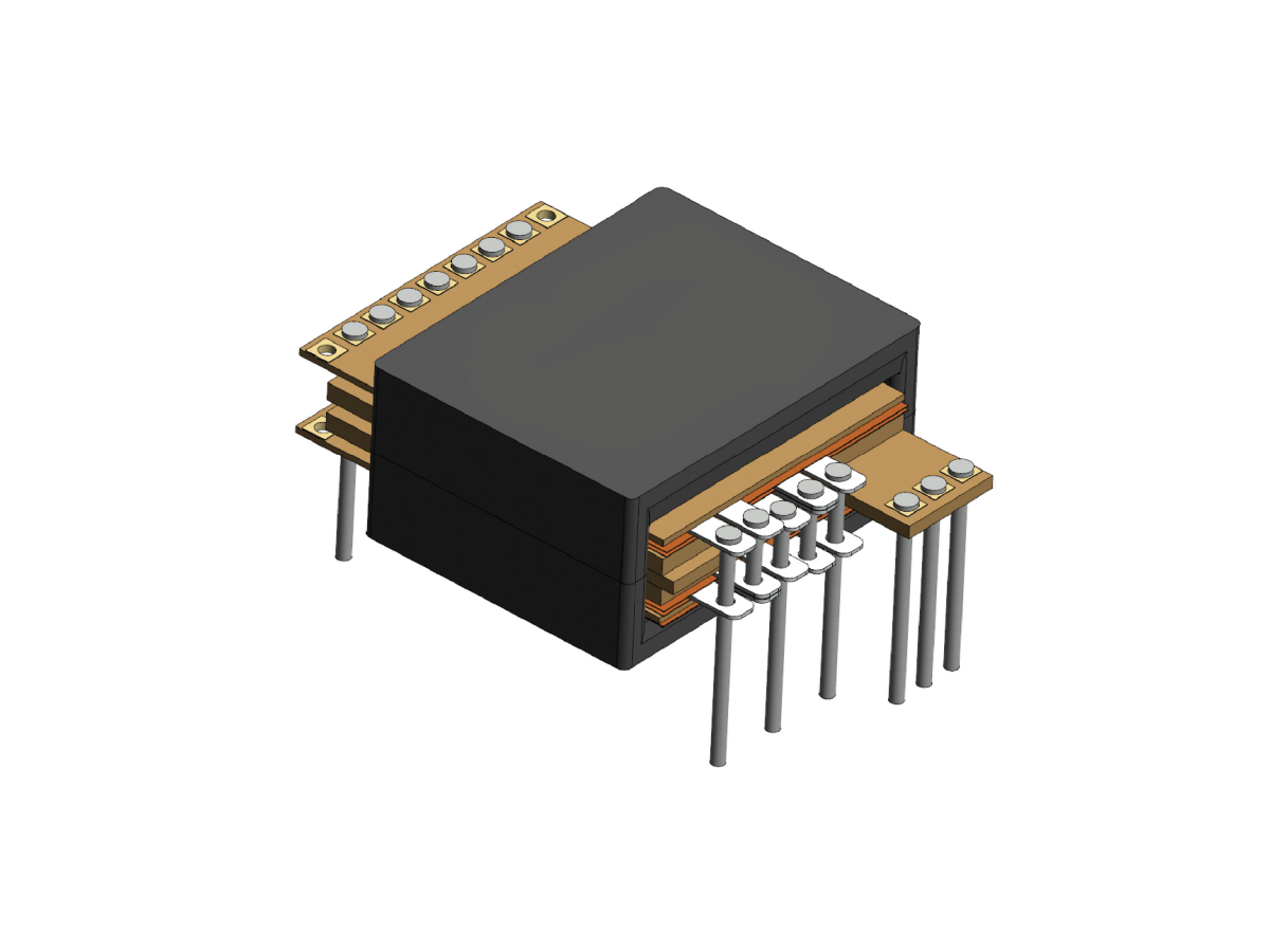 Isometric illustration of a planar transformer with a black rectangular body, copper windings, and multiple metal pins extending from its sides for circuit board mounting, ideal for high frequency transformer applications. by Standex Edge