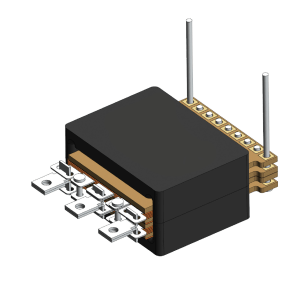 3D rendering of a Standex Edge electronic component, possibly a planar transformer, with a black rectangular body, multiple metal pins and terminals on both sides, and two vertical pins on the top right. by Standex Edge