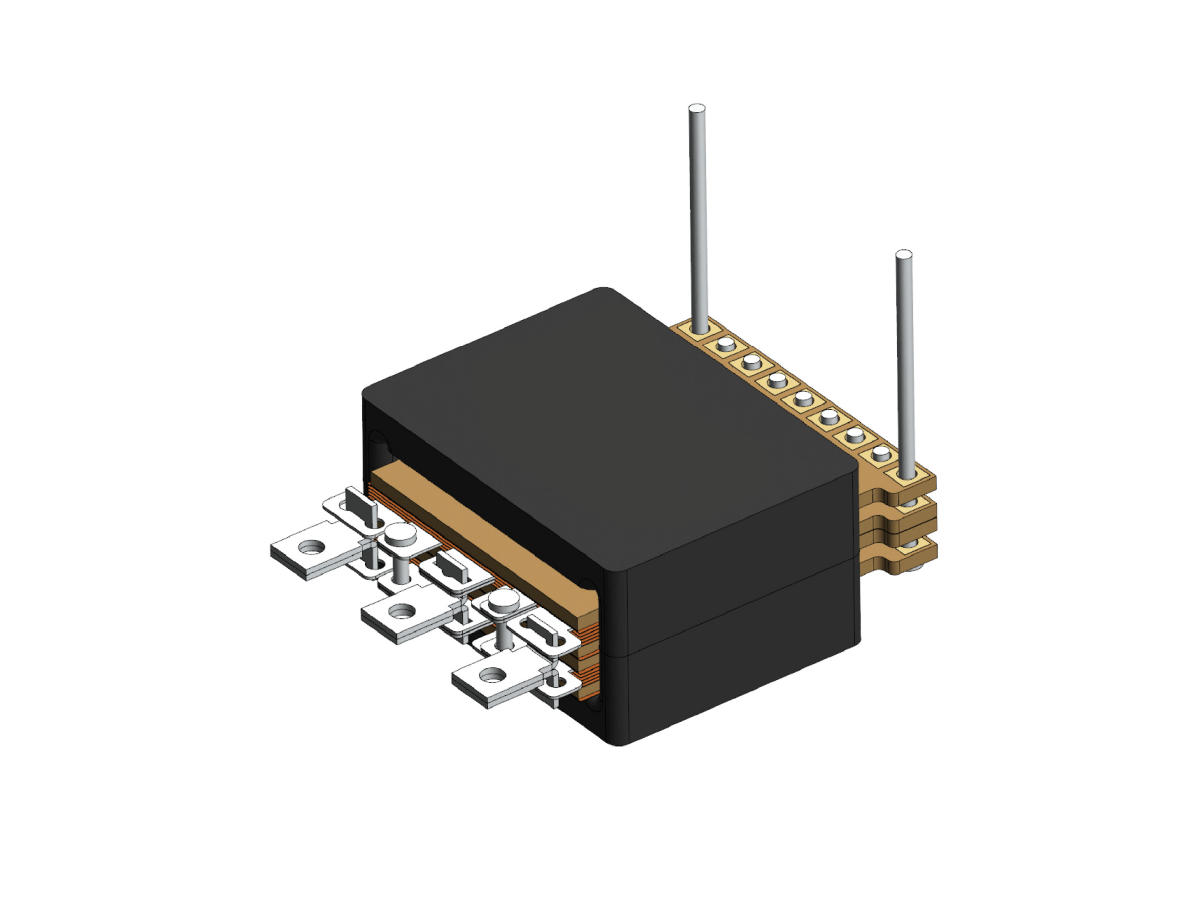 3D rendering of a black electronic component with metal connectors and two vertical pins, likely a high frequency transformer or other power magnetics device, against a white background. by Standex Edge