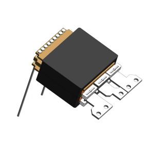 A 3D rendering of a high frequency transformer with a black rectangular casing, multiple gold pins on one side, and three metallic terminals extending from the other side. The background is white. by Standex Edge