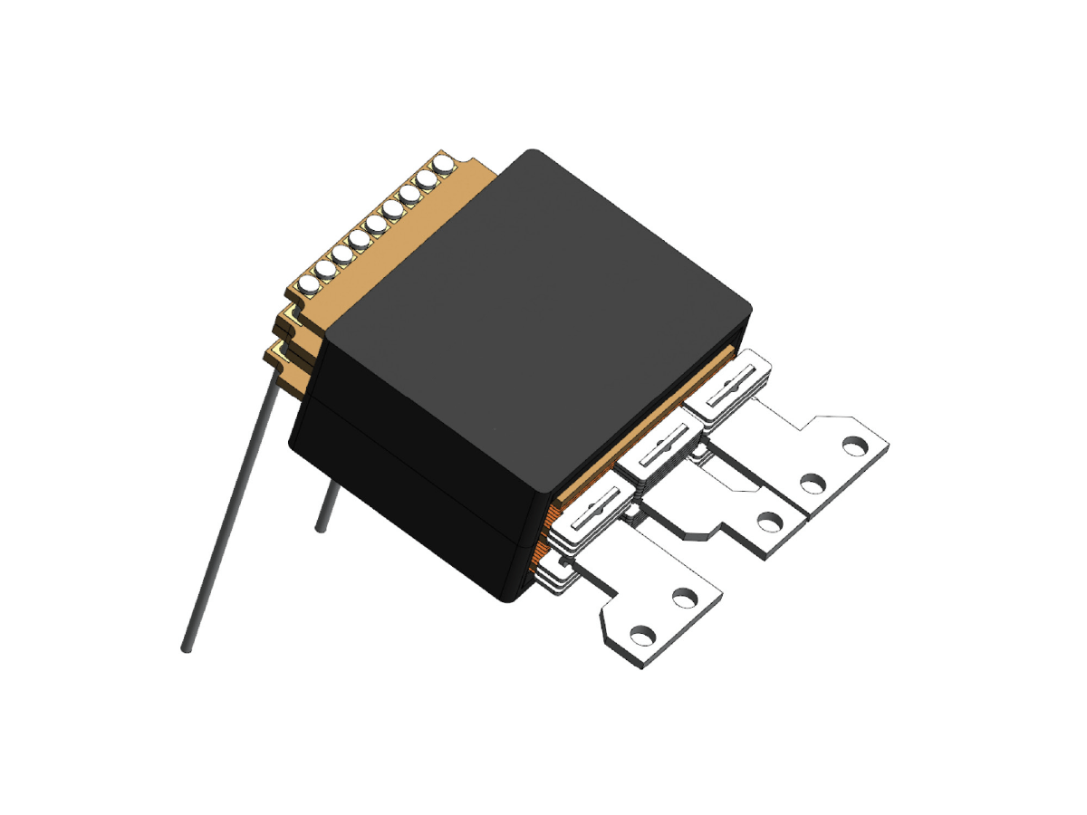 A digital rendering of a high frequency transformer with a black rectangular body, multiple gold pins on one side, and three flat metal connectors extending from the opposite side. by Standex Edge