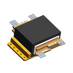3D rendered image of a high frequency transformer featuring a black rectangular body, gold and metallic connectors, and mounting holes on a flat base. by Standex Edge