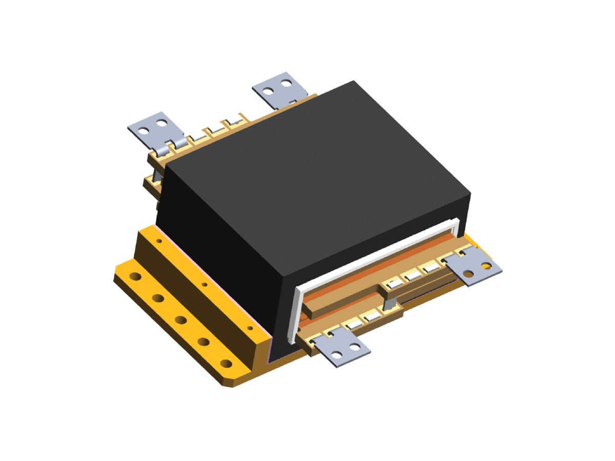 3D rendered image of a black and gold electronic component, likely a planar transformer from Standex Edge power magnetics, with metallic connectors extending from its sides. The component is mounted on a rectangular base with holes. by Standex Edge