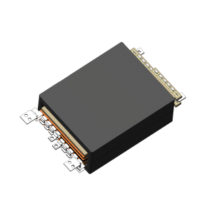 A 3D rendering of a black, rectangular electronic component with multiple metallic pins extending from its sides, designed for mounting on a circuit board, often used in power magnetics or as a high frequency transformer. by Standex Edge