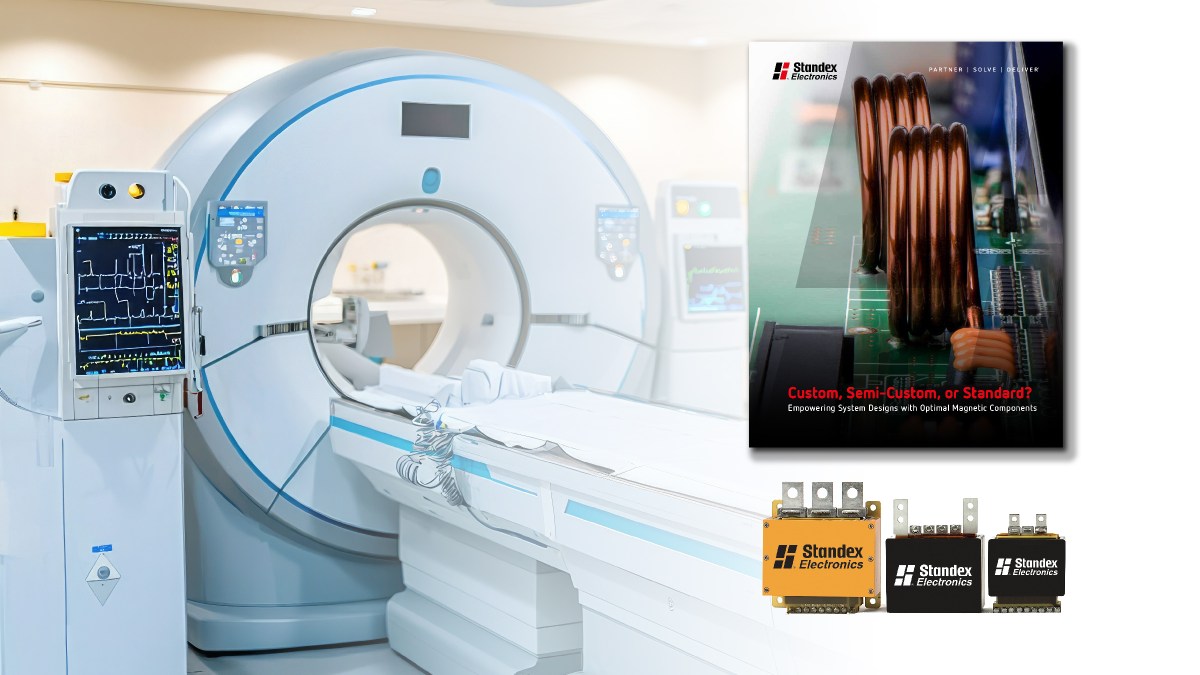 A large MRI machine in a medical room is shown. Overlaid are a Standex Electronics brochure with an electronic coil image and three yellow and black electronic components labeled Standex Electronics. by Standex Edge