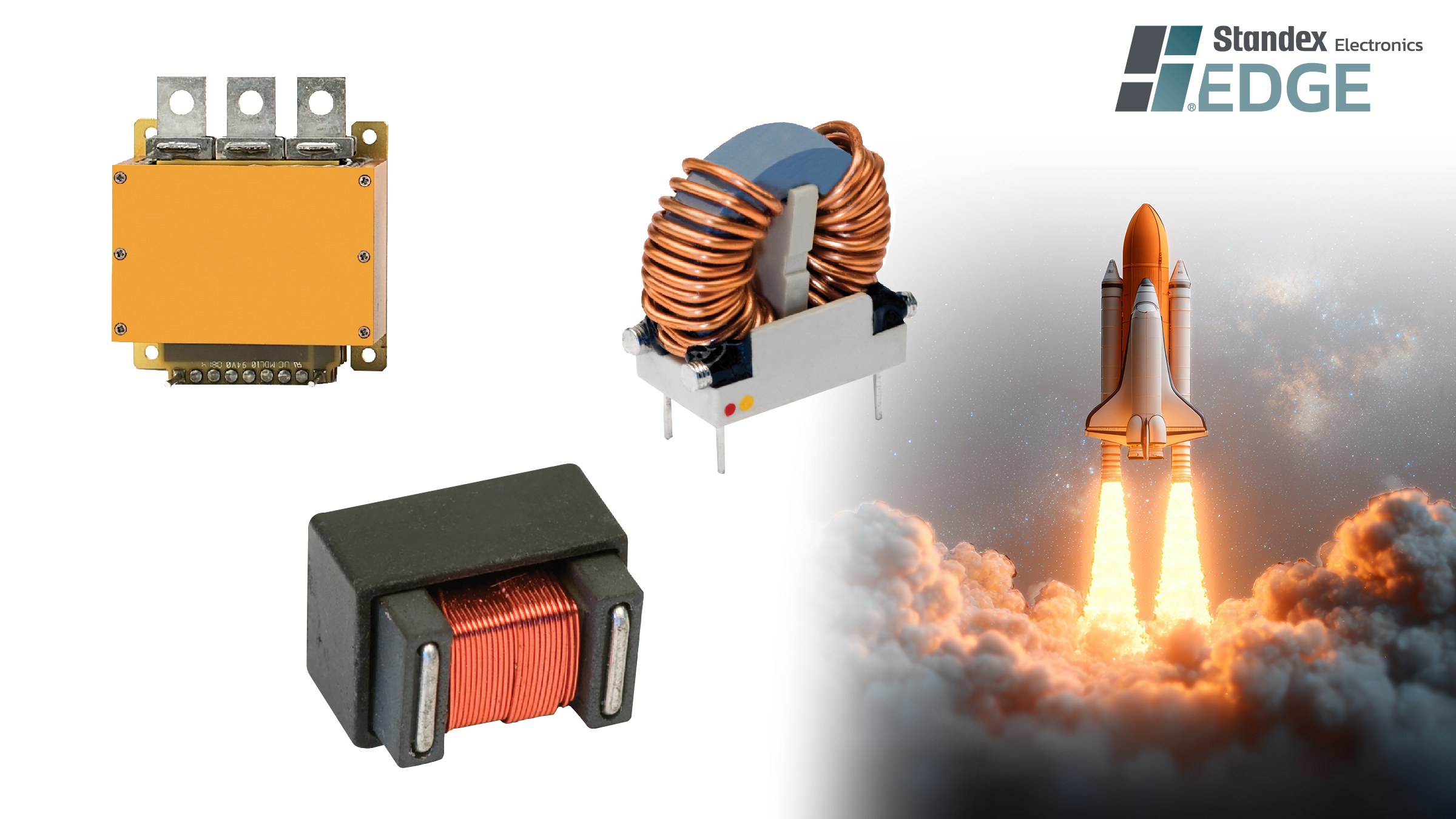 A collage featuring three electronic components with copper coils and a space shuttle launching, alongside the Standex Electronics EDGE logo in the top right corner. by Standex Edge