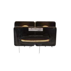 A black electrical component with metal pins and a central rectangular core, labeled RL-1328-3-1800 0406, photographed against a white background. This device is a type of Standex Edge power magnetics. by Standex Edge