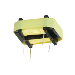 Yellow and black high frequency transformer with multiple metal pins protruding from its base, isolated on a white background. by Standex Edge