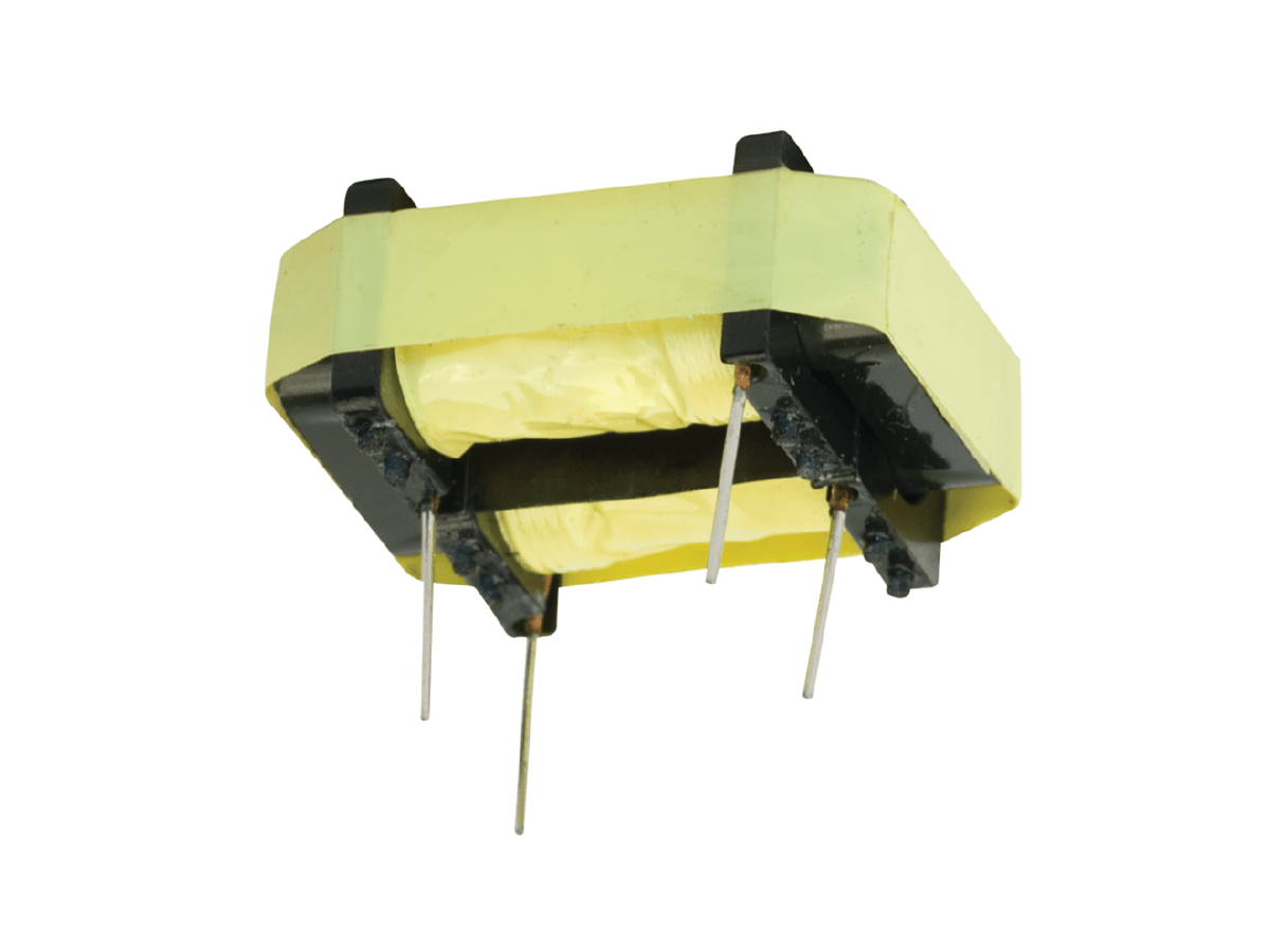 A yellow planar transformer with four metal pins protruding from its black plastic base, isolated on a white background. by Standex Edge
