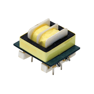 A small Standex Edge high frequency transformer with a yellow rectangular body, white plastic supports, and multiple metal pins for circuit board mounting, isolated on a white background. by Standex Edge