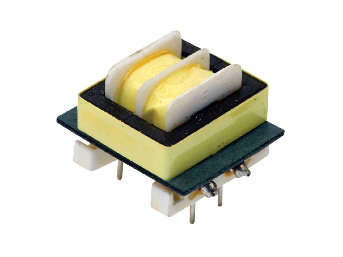 A yellow and black Standex Edge electronic transformer with metal pins and a rectangular body, used for circuit boards, isolated on a white background. by Standex Edge