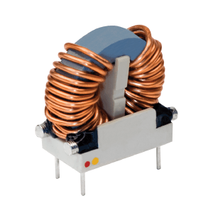 A power inductor with copper wire coils wrapped around a blue core, mounted on a white base with metal pins for circuit board connection. by Standex Edge