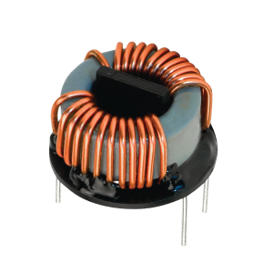 A toroidal inductor with copper wire coils wrapped around a circular ferrite core, designed for power magnetics applications, is mounted on a black base with four metal pins protruding from the bottom. by Standex Edge