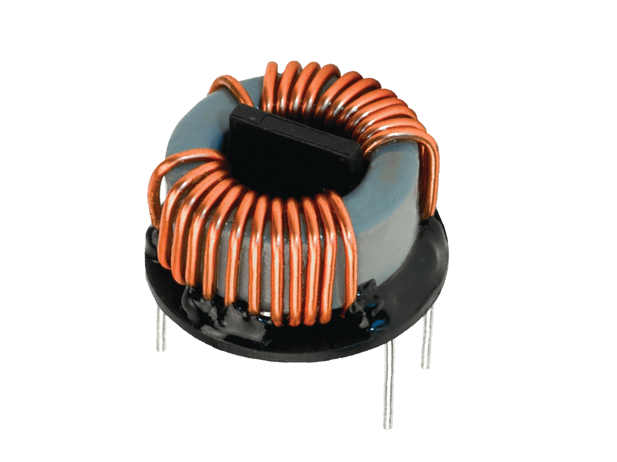 A Standex Edge power inductor with copper wire coils wrapped around a gray circular core, mounted on a black base with four metal pins extending downward for electronic circuit connections. by Standex Edge