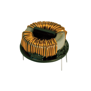 A Standex Edge toroidal power inductor with copper wire wound around a circular core, mounted on a black base with three metal pins extending downward. by Standex Edge