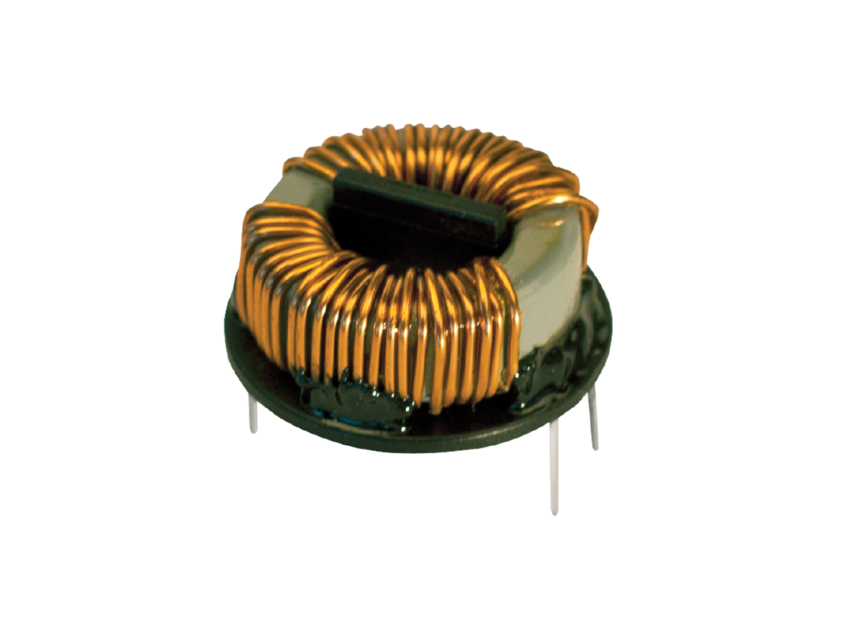 A toroidal power inductor with copper wire coils is mounted on a round black base with four metal pins for electronic circuit connection, isolated on a white background. by Standex Edge