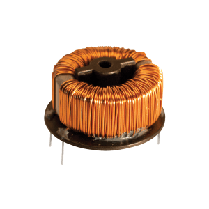 A power inductor with copper wire tightly wound around a circular core, mounted on a black base with four metal pins for electrical connections, isolated on a white background. by Standex Edge