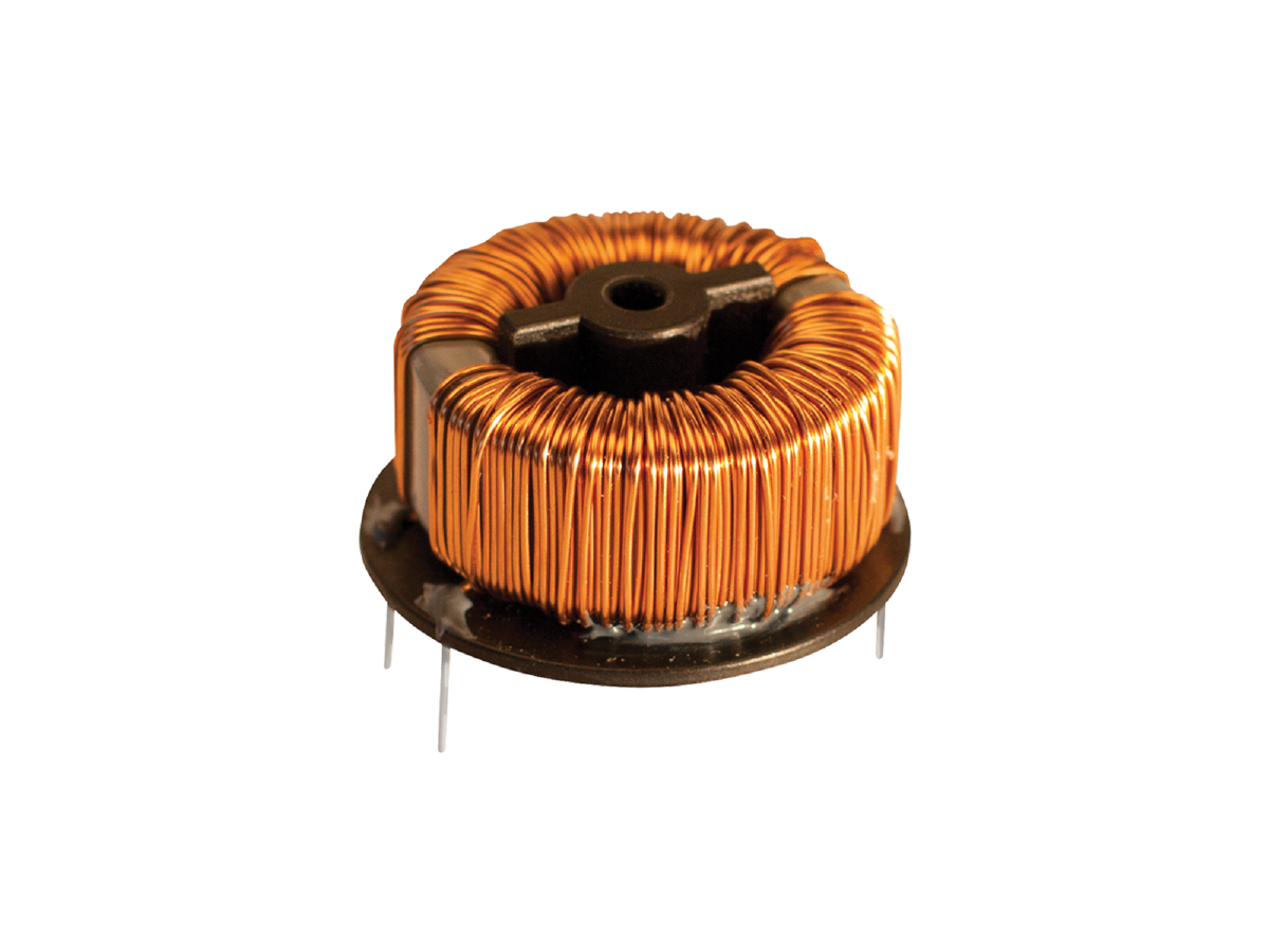 A toroidal high frequency transformer with copper wire tightly wound around a black circular core and metal pins extending from the bottom, isolated on a white background. by Standex Edge