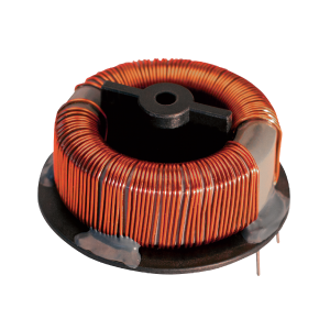 A high frequency transformer with copper wire tightly wound around a circular core, mounted on a black base with two metal leads extending from the bottom. by Standex Edge