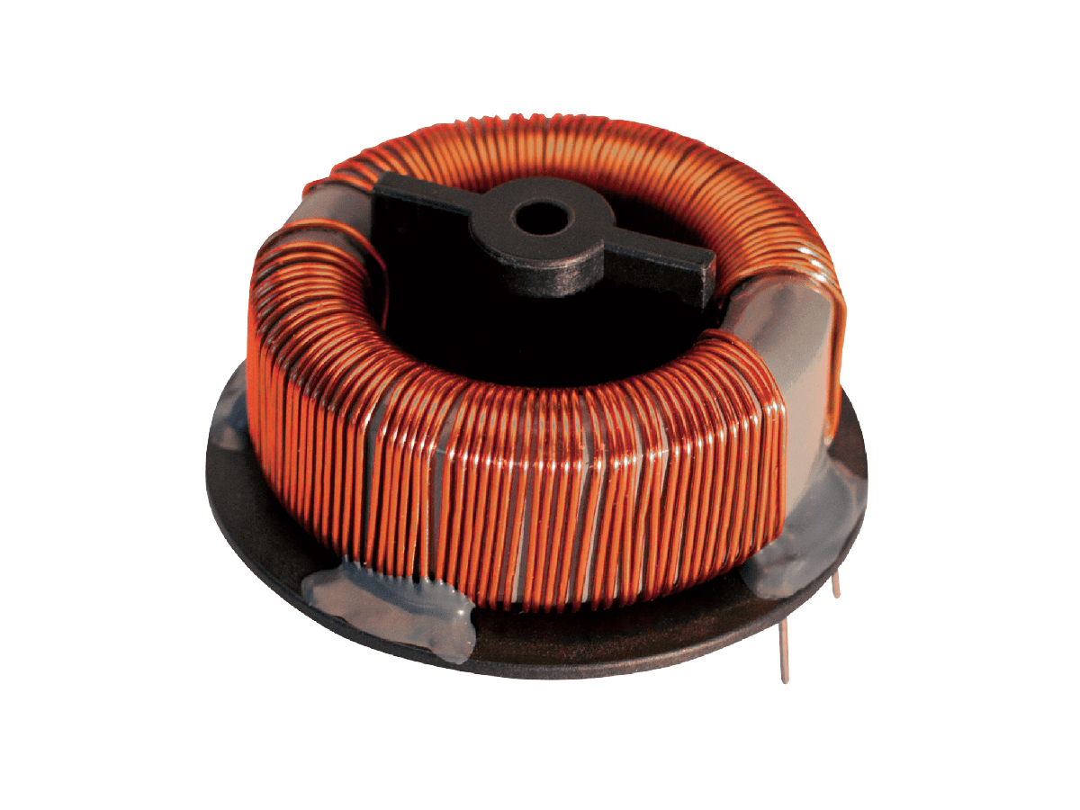 A close-up of a toroidal inductor with tightly wound copper wire on a circular ferrite core, resembling a high frequency transformer, mounted on a black base with two metal pins extending from the bottom. by Standex Edge
