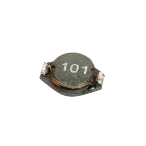 A small, round, black power inductor with two metal connectors and "101" printed on top, isolated on a white background. by Standex Edge