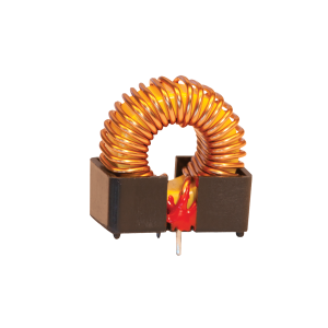 A copper wire coil wound around a circular toroidal core, mounted on a black plastic base with two metal pins for electrical connection, serves as a power inductor or high frequency transformer, isolated on a white background. by Standex Edge