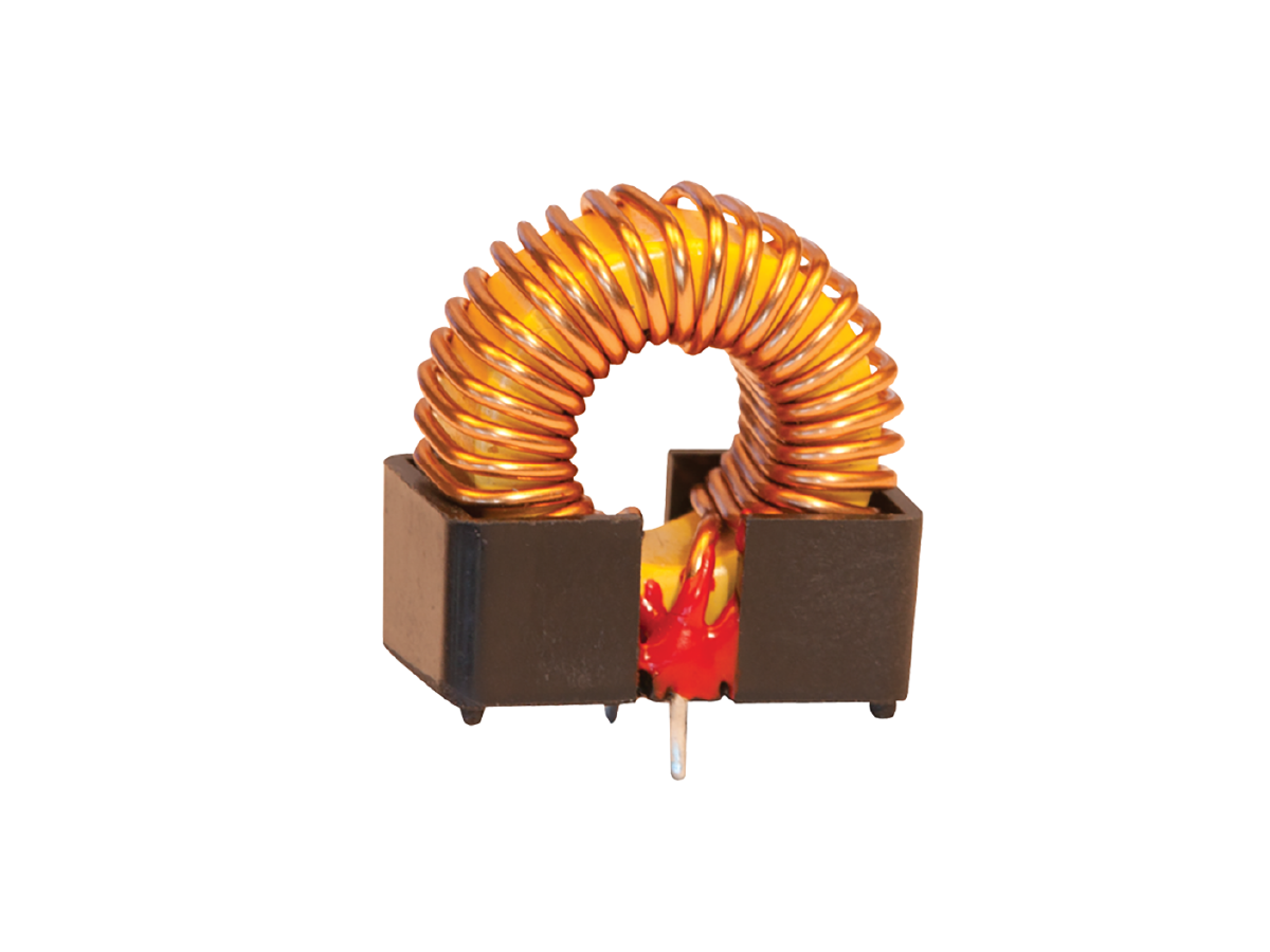 A copper wire power inductor with tightly wound coils is mounted on a black plastic base, featuring two metal pins for electronic connections, isolated on a white background. by Standex Edge