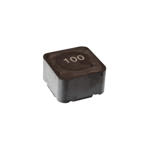 A small, square, black electronic component with 100 printed on top, likely a power inductor, isolated on a white background. by Standex Edge