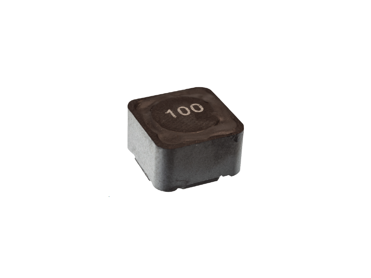 A square-shaped electronic component, likely a Standex Edge power inductor, with 100 printed on its top surface, shown on a white background. by Standex Edge