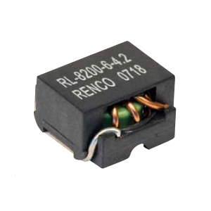 A black rectangular electronic component labeled RL-8200-6-4.2 RENCO 0718 features copper wire coils and a green core visible through an opening, illustrating its role as a high frequency transformer in power magnetics applications. by Standex Edge