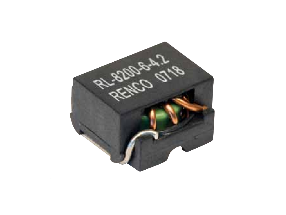 A small black power inductor labeled RL-8200-6-4.2 RENCO 0718, featuring visible copper wire coils and metal leads. by Standex Edge