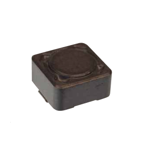 A small, square, black electronic component with a circular top and slightly rounded edges, resembling a surface-mount power inductor or coil, isolated on a white background. by Standex Edge
