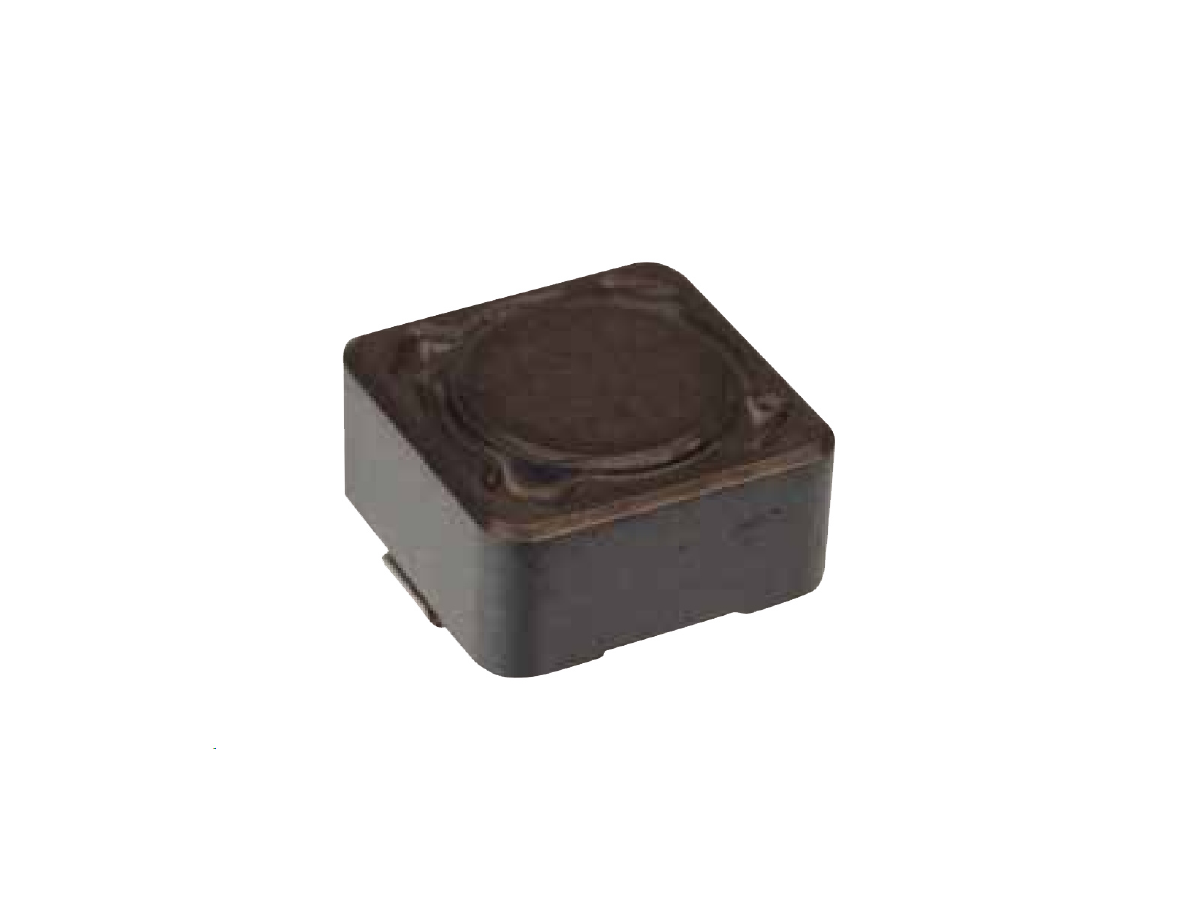 A small, black, square electronic component with a slightly raised circular center, commonly used as a power inductor in electronic circuits. This Standex Edge device is popular in power magnetics applications. by Standex Edge