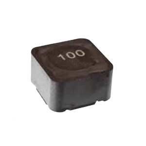 A black, square electronic component with 100 printed on top, likely a Standex Edge power magnetics inductor, viewed from an angle on a white background. by Standex Edge